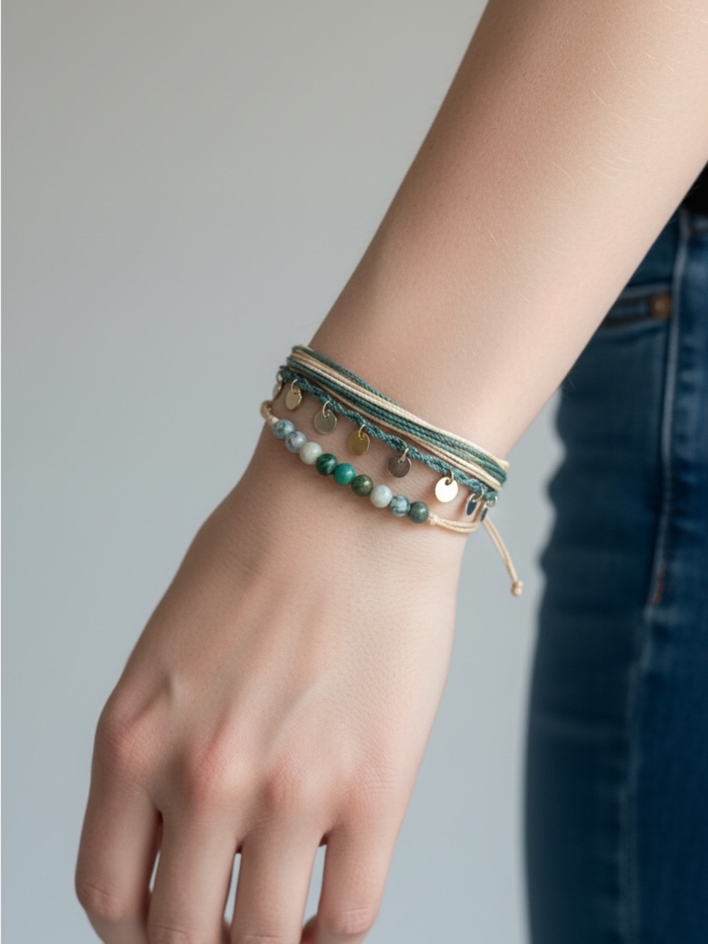 9/27 Layered Green Beaded & Cord Bracelet Stack - Women Jewelry
